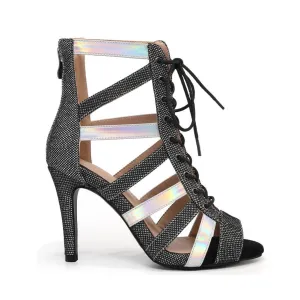 Black Crystal Lace-Up Dance Boots