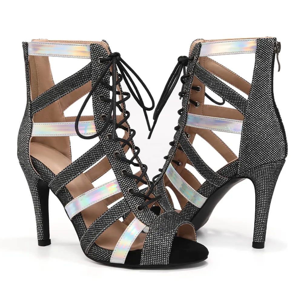 Black Crystal Lace-Up Dance Boots