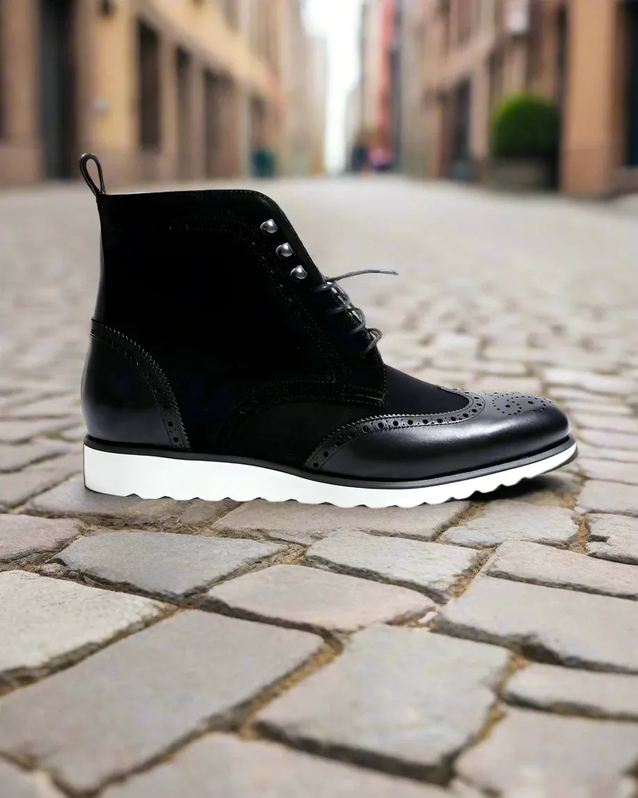 Black Leather Dawson Brogue Wingtip Lace Up Boots With Sneaker Sole - Boots