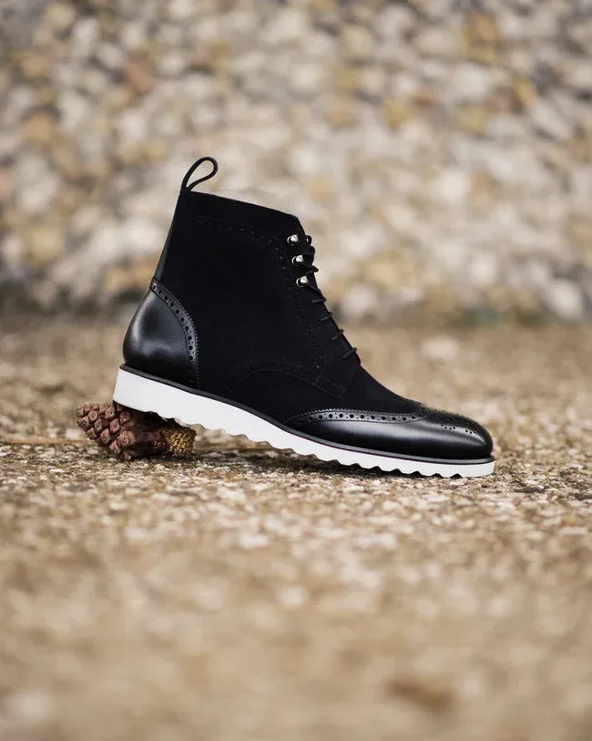 Black Leather Dawson Brogue Wingtip Lace Up Boots With Sneaker Sole - Boots