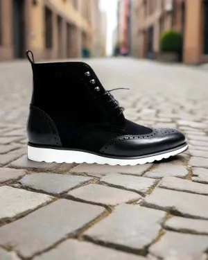 Black Leather Dawson Brogue Wingtip Lace Up Boots With Sneaker Sole - Boots
