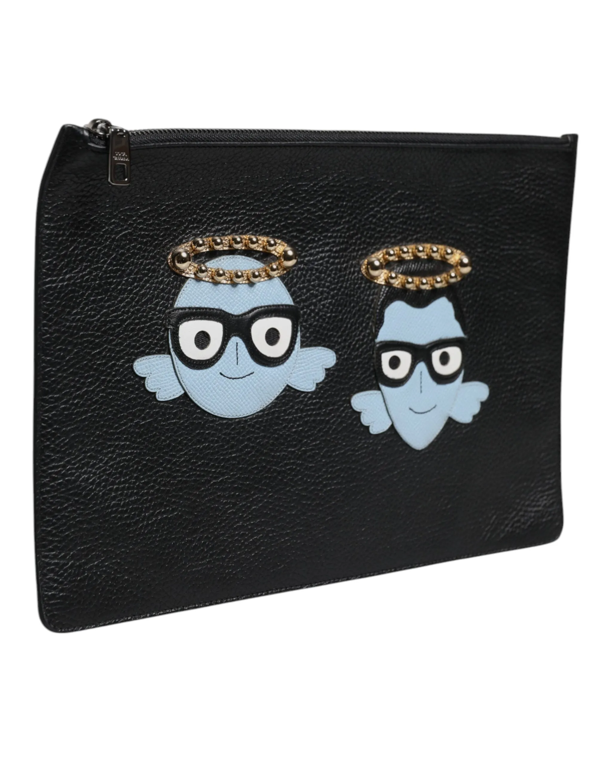 Black Leather #DGFAMILY Embellished Men Zip Pouch Bag