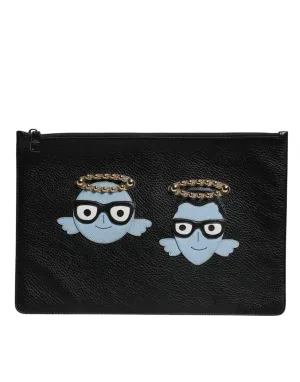 Black Leather #DGFAMILY Embellished Men Zip Pouch Bag