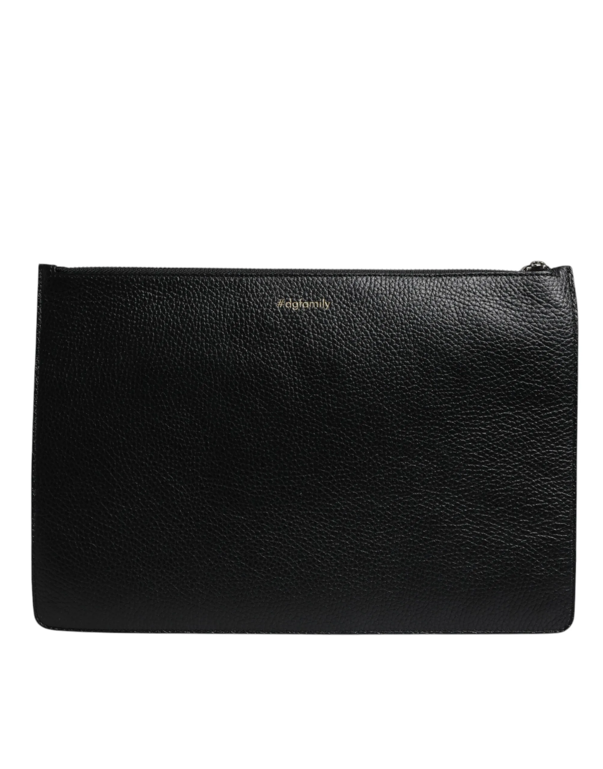 Black Leather #DGFAMILY Embellished Men Zip Pouch Bag