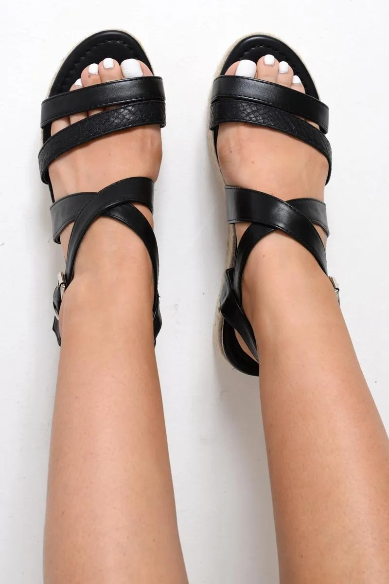 Black PU Rope Sole Wedges - Avaley