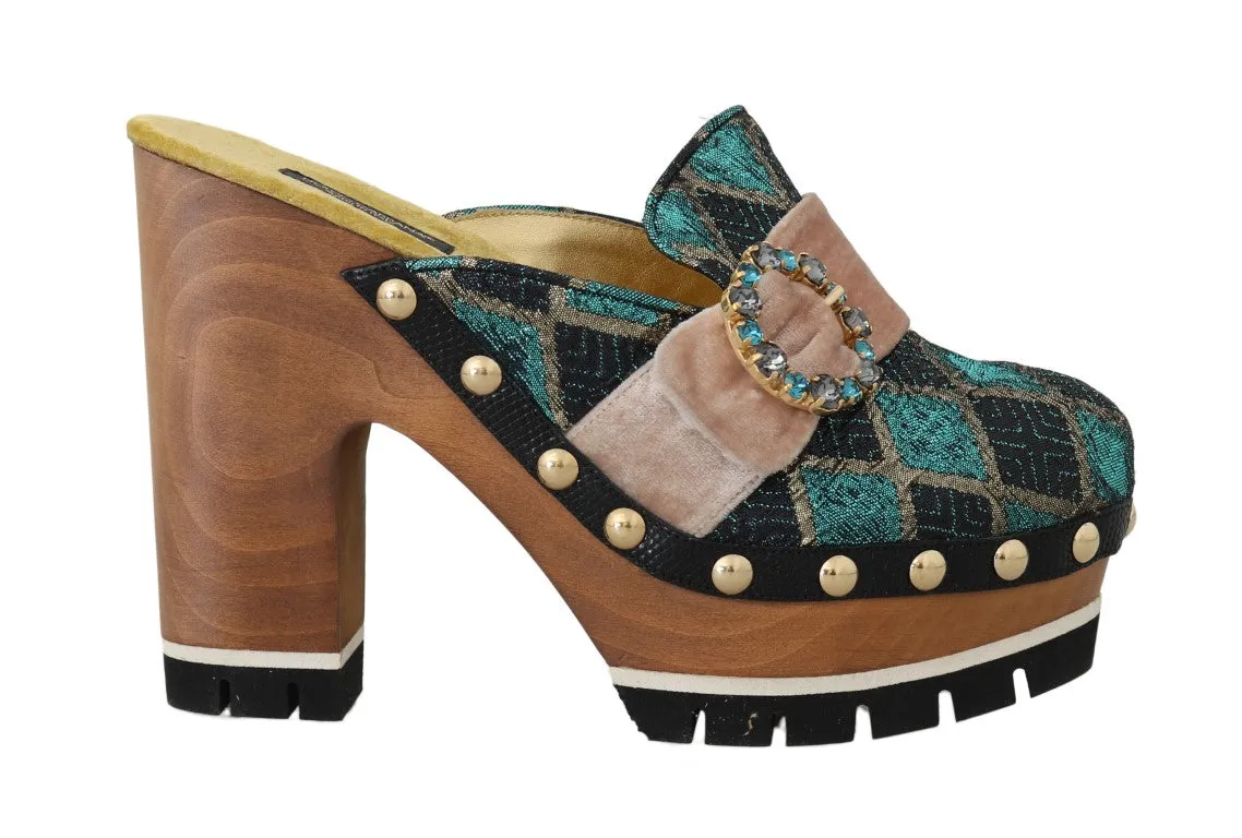 Black Turquoise Jacquard Slides Mules