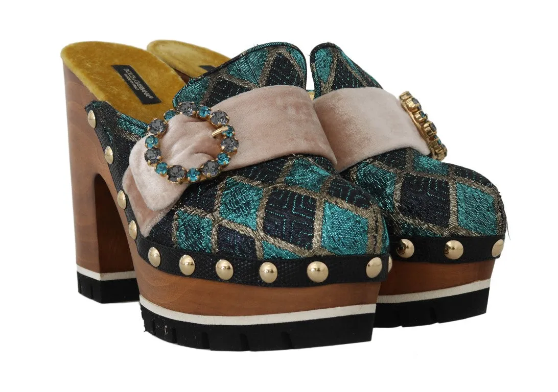 Black Turquoise Jacquard Slides Mules
