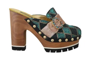 Black Turquoise Jacquard Slides Mules