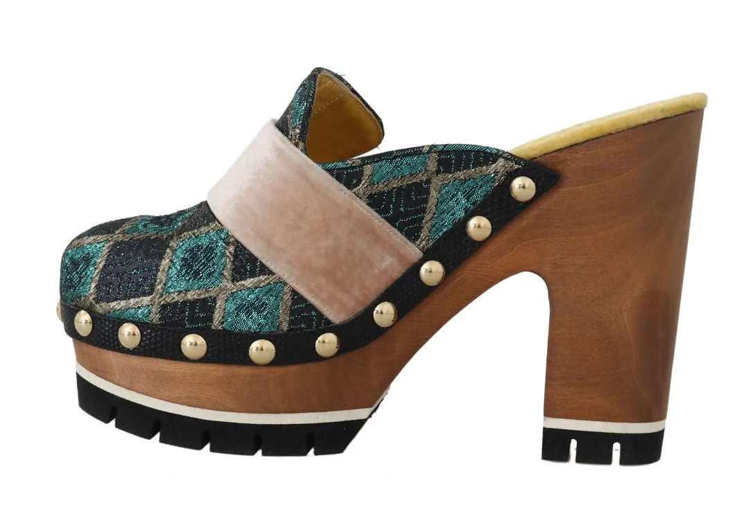 Black Turquoise Jacquard Slides Mules