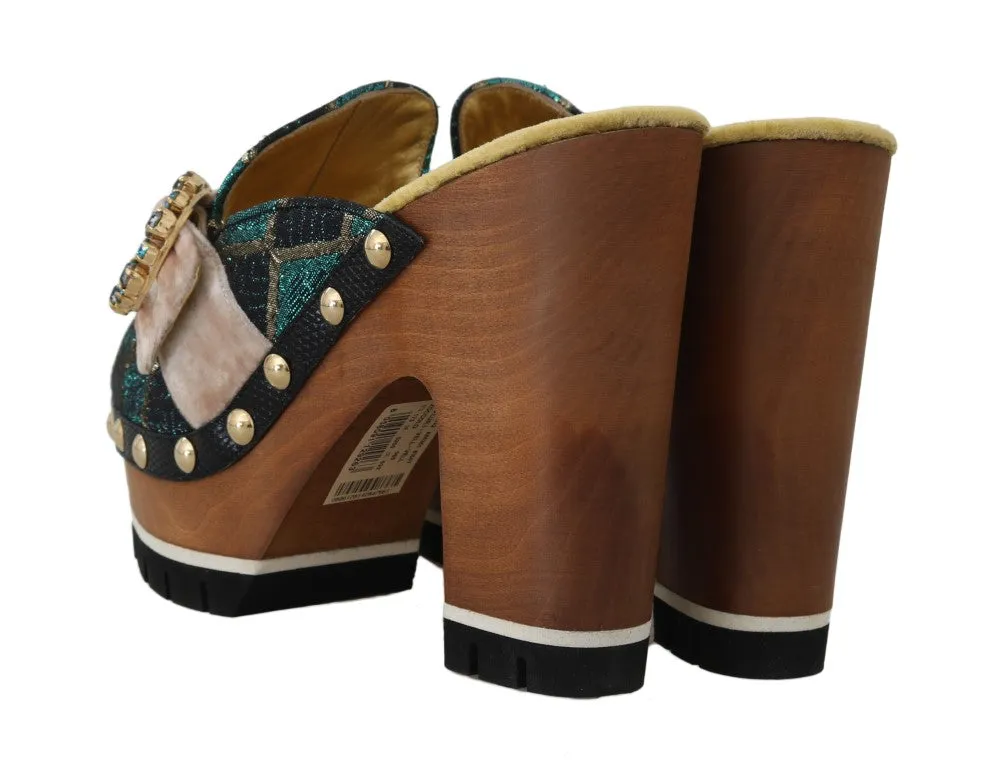 Black Turquoise Jacquard Slides Mules
