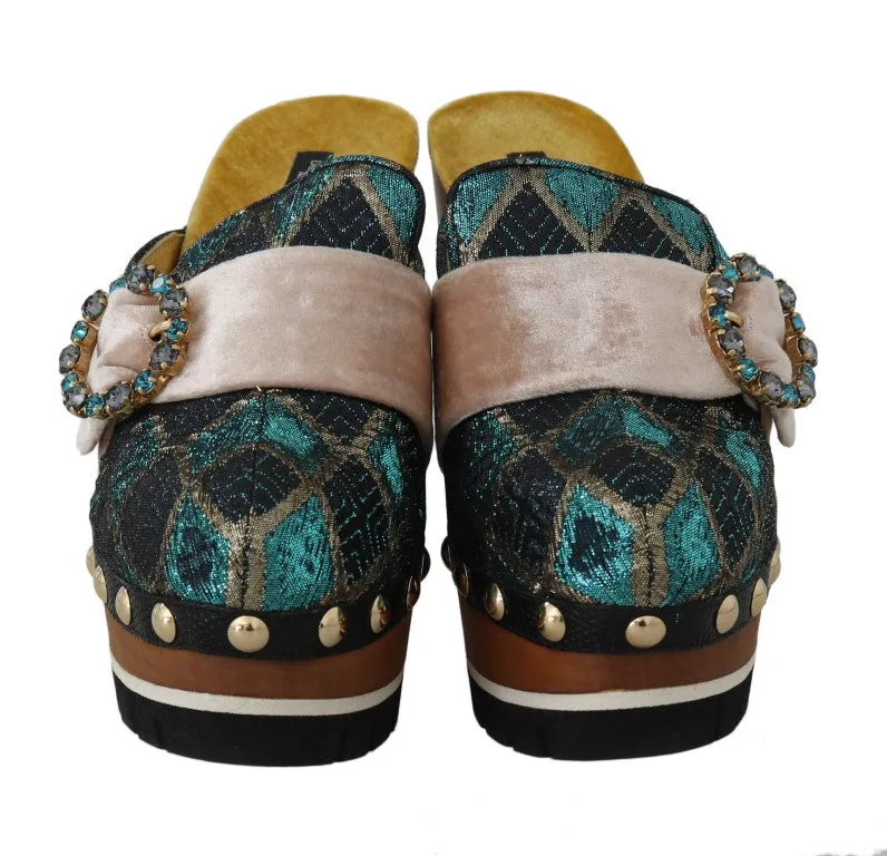 Black Turquoise Jacquard Slides Mules