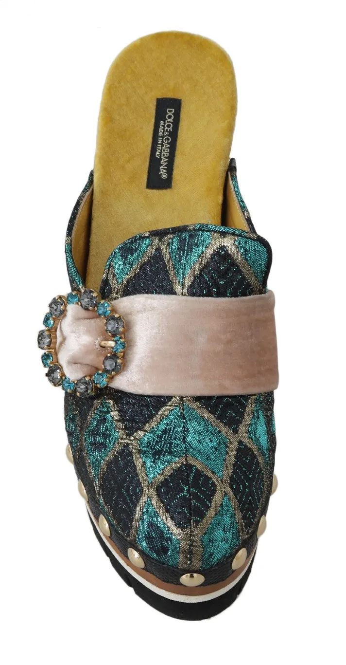 Black Turquoise Jacquard Slides Mules