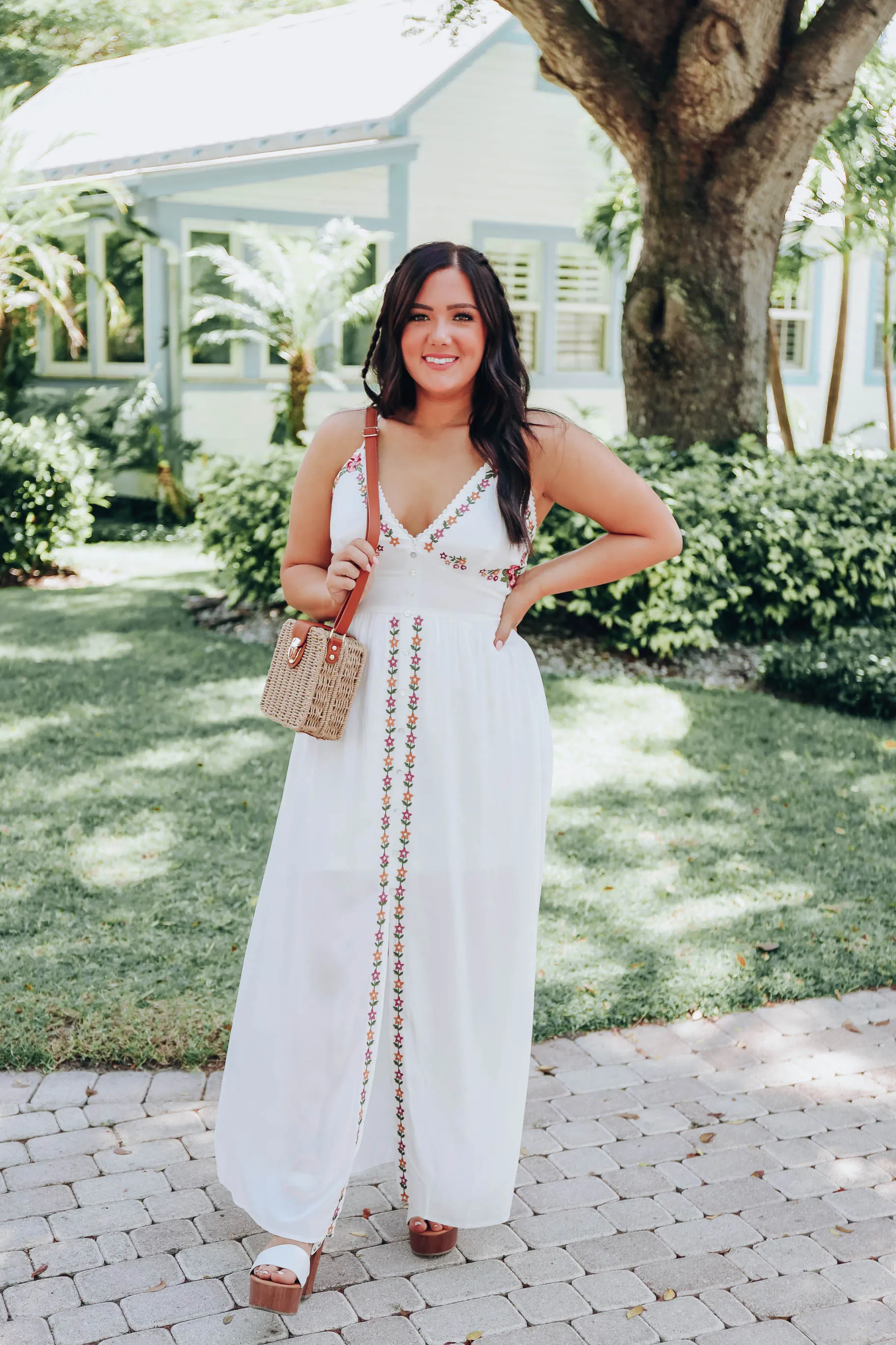 Boho Embroidered Slit Front Maxi Dress