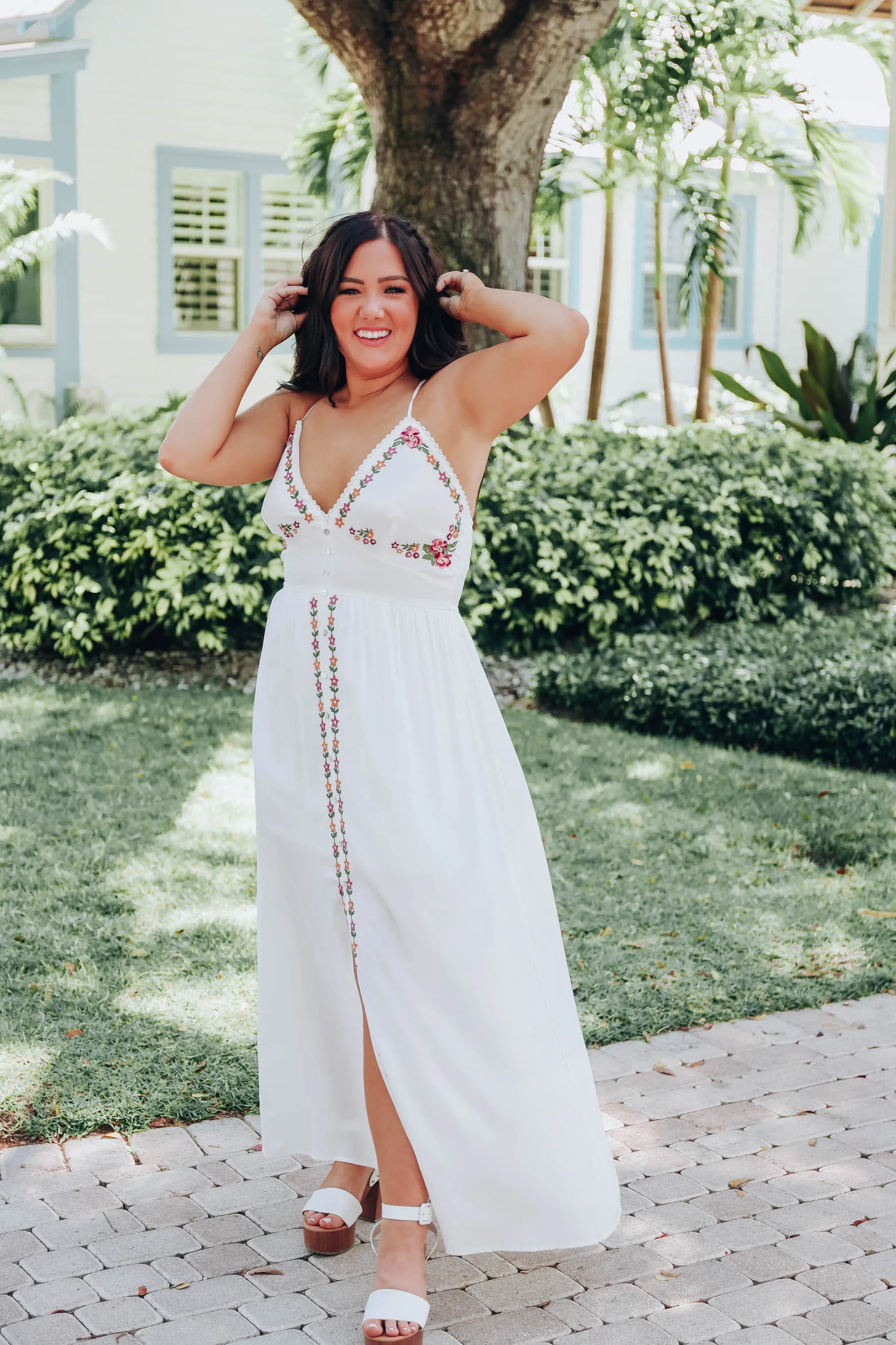 Boho Embroidered Slit Front Maxi Dress