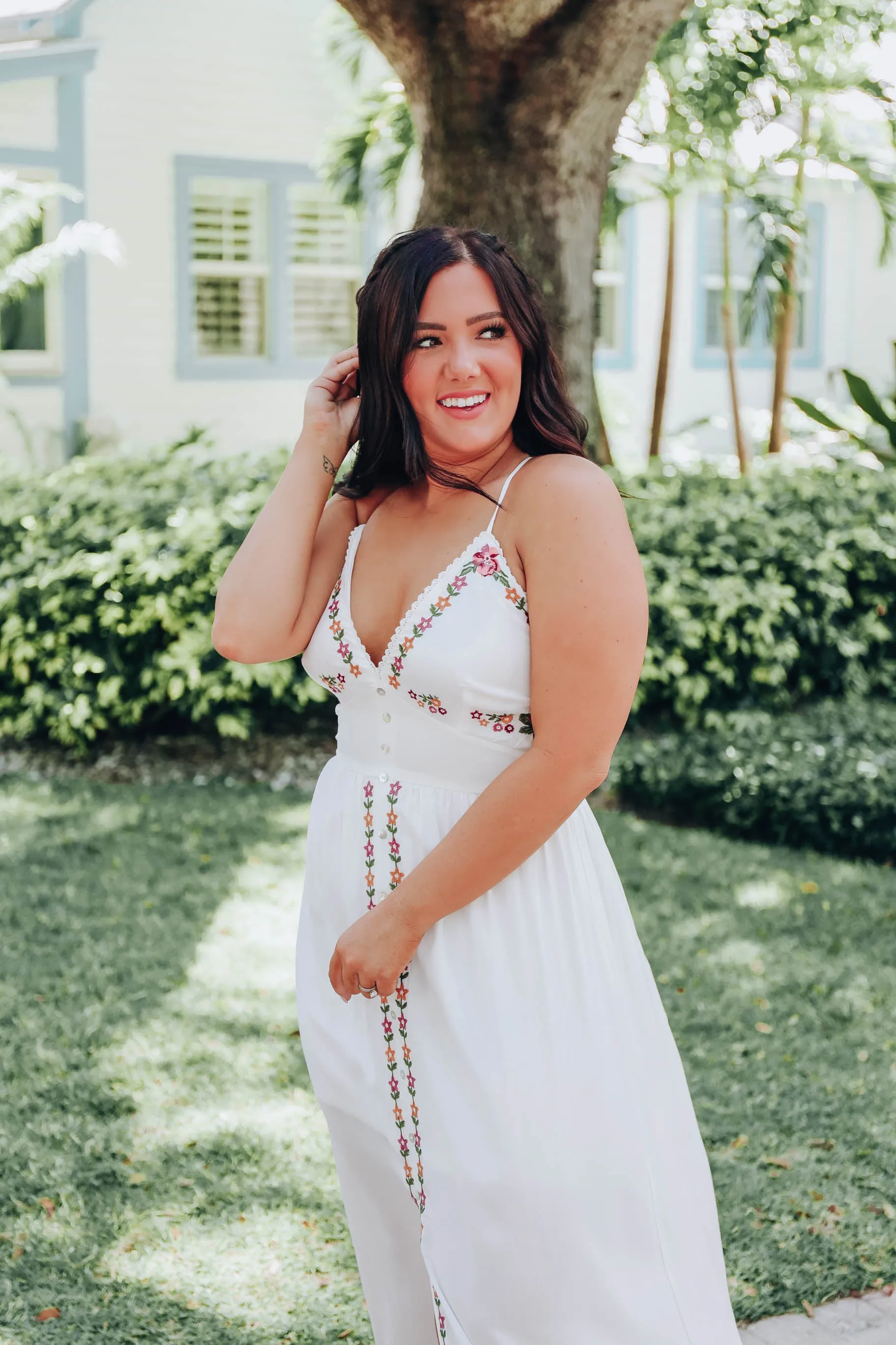 Boho Embroidered Slit Front Maxi Dress