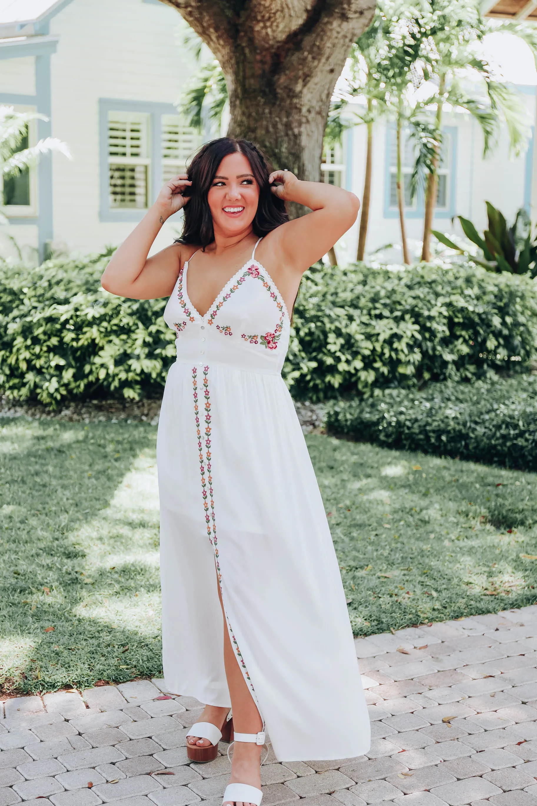 Boho Embroidered Slit Front Maxi Dress