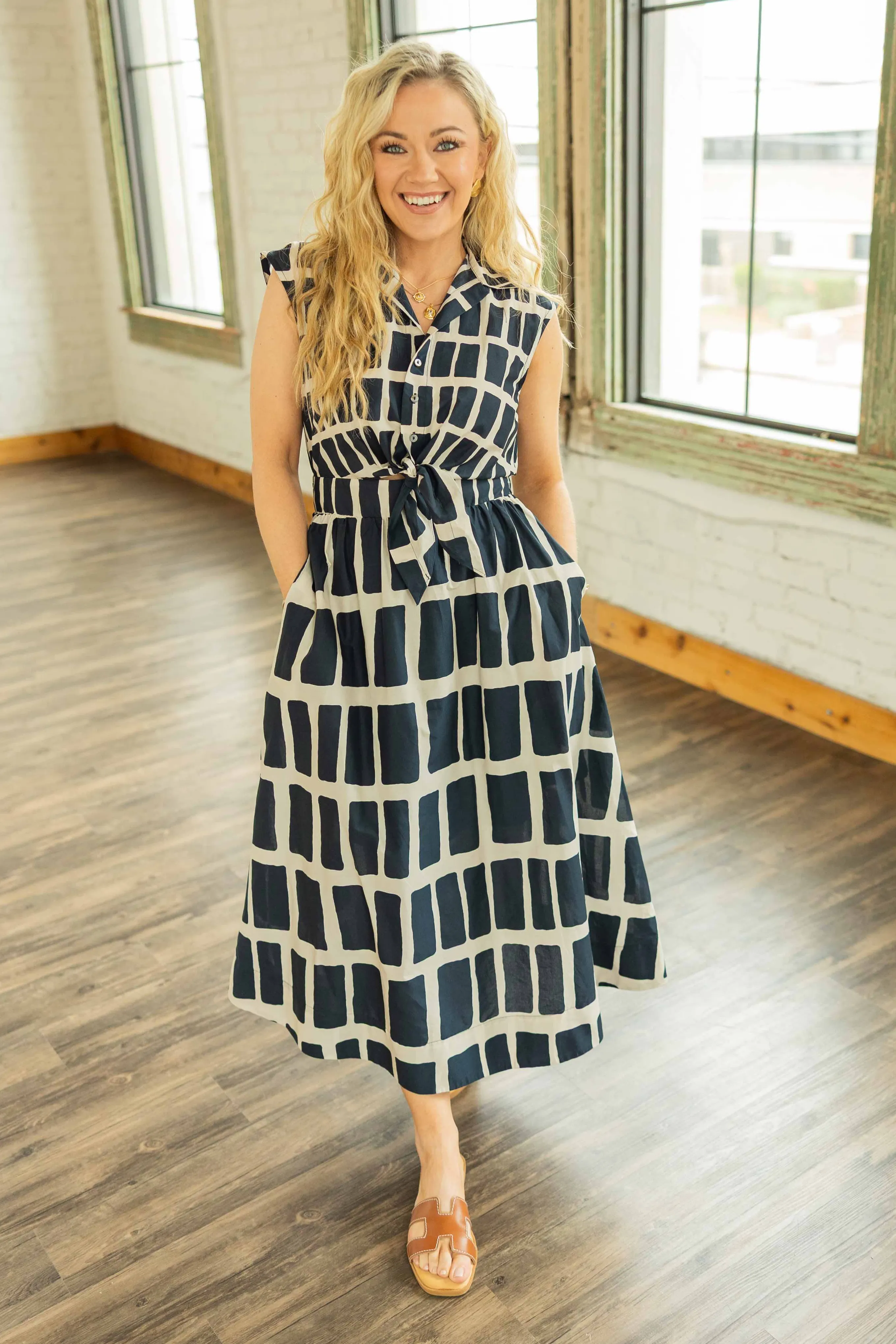 BRIANA ABSTRACT SLEEVELESS MIDI DRESS