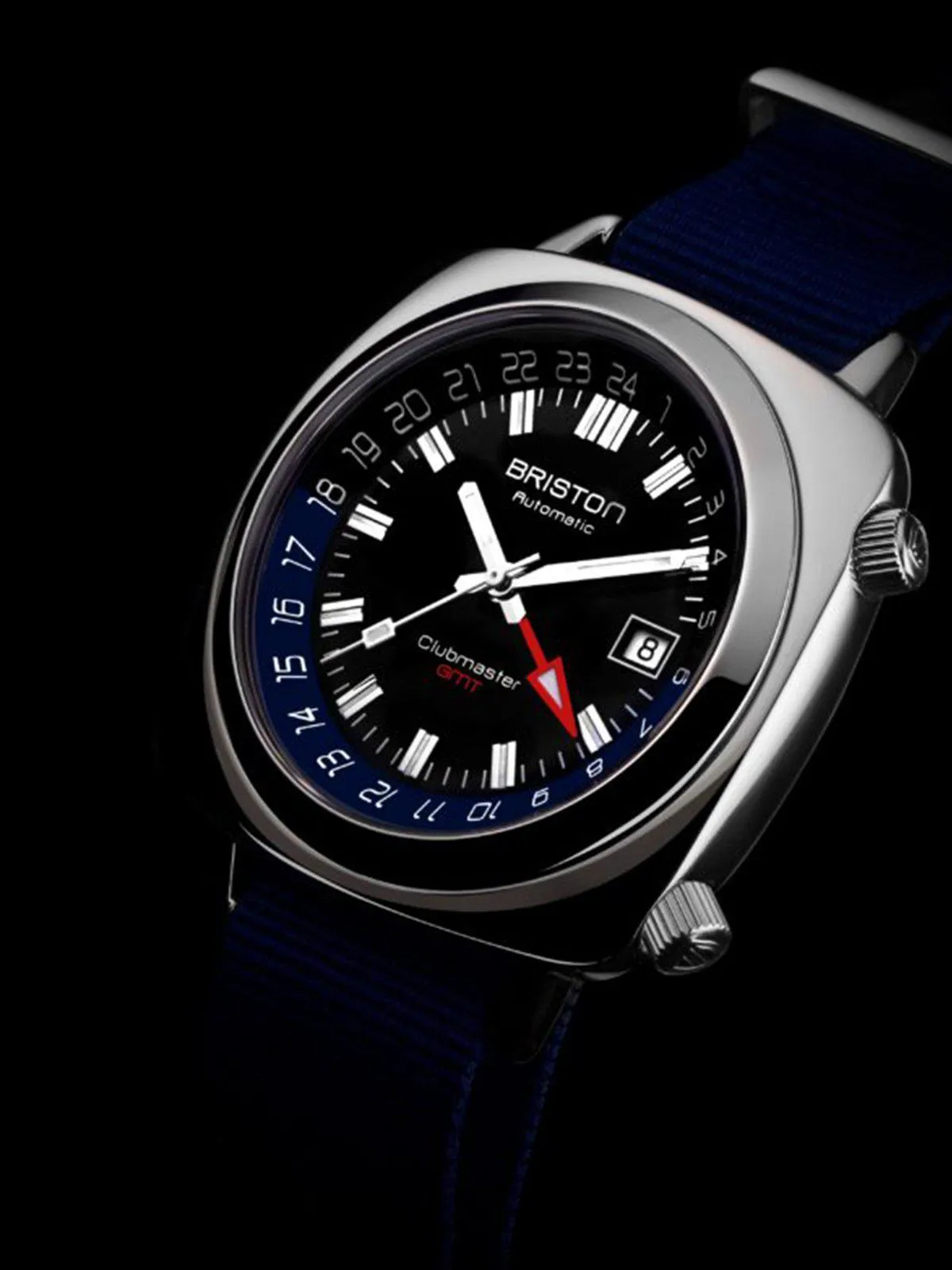 Briston Clubmaster GMT Traveler HMS Automatic Steel Black Dial Navy Blue Nato Strap 42mm