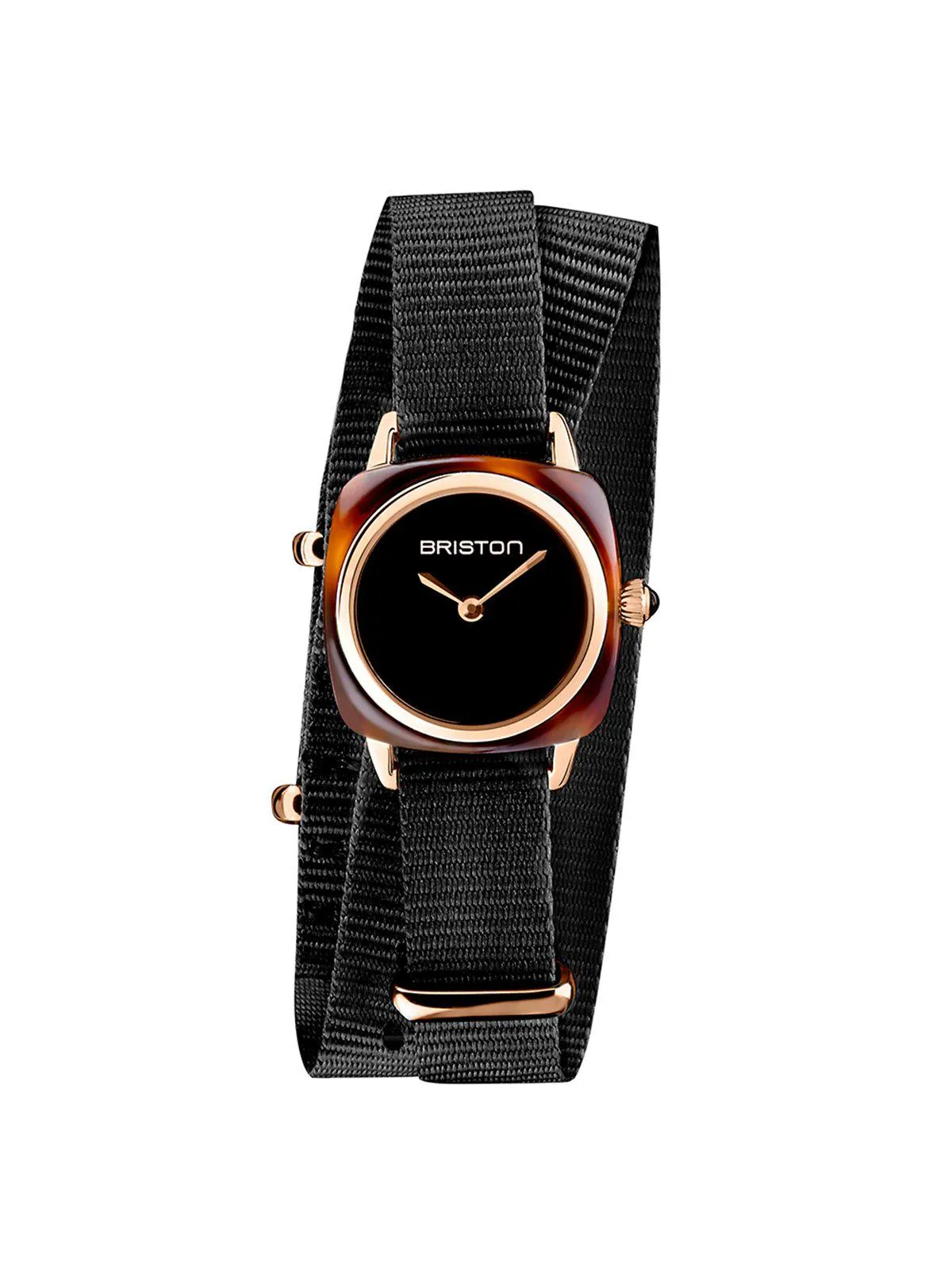 Briston Clubmaster Lady Acetate HM Tortoise Shell Black Dial Rose Gold Black Double Tour Nato Strap 24mm
