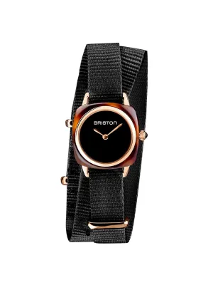 Briston Clubmaster Lady Acetate HM Tortoise Shell Black Dial Rose Gold Black Double Tour Nato Strap 24mm
