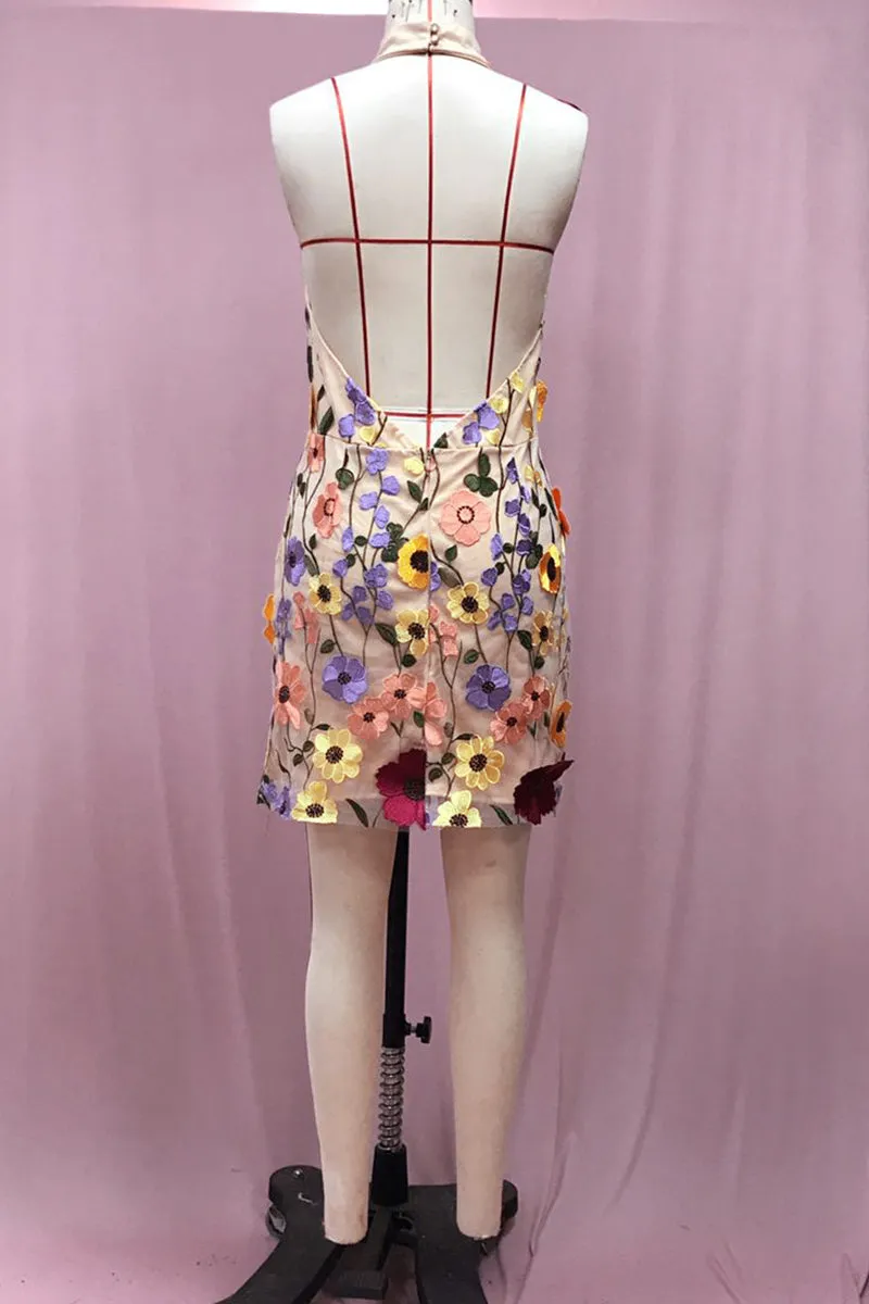 BT3054 Flower Embroidery Halter Dress