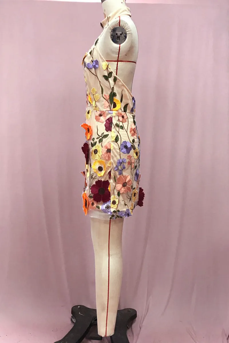 BT3054 Flower Embroidery Halter Dress