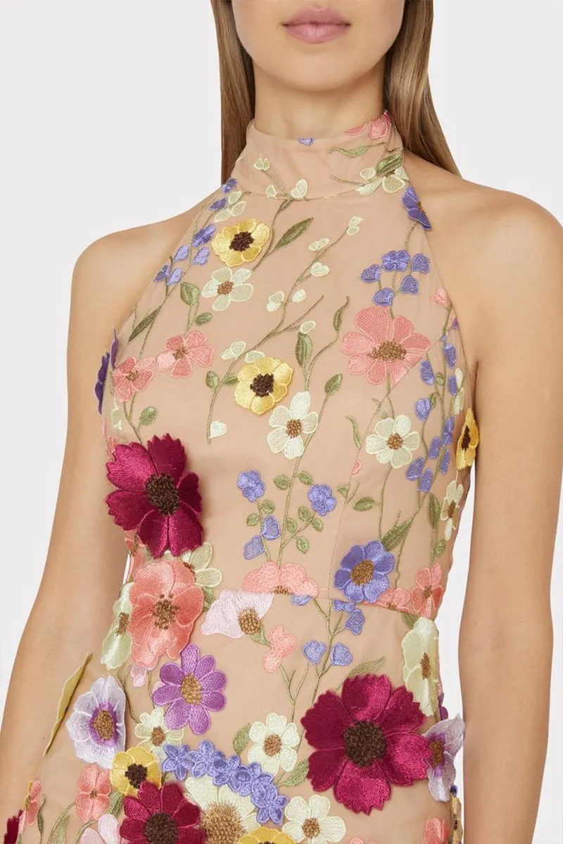 BT3054 Flower Embroidery Halter Dress