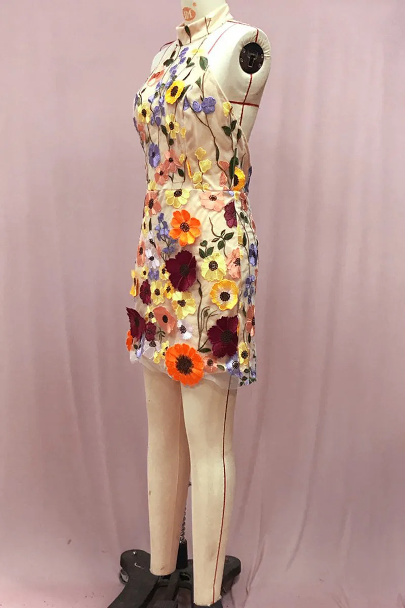 BT3054 Flower Embroidery Halter Dress