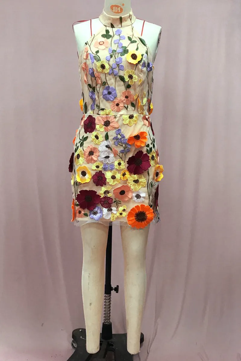 BT3054 Flower Embroidery Halter Dress