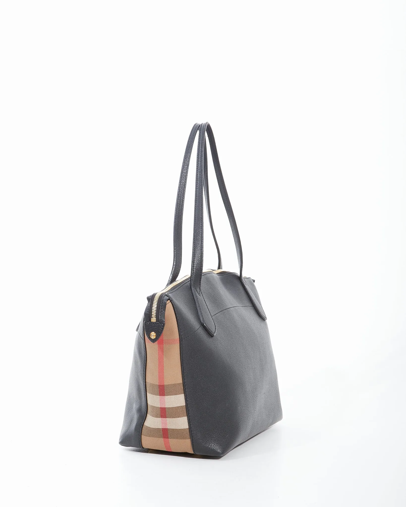 Burberry Black Leather & Canvas Tote Zipper Bag