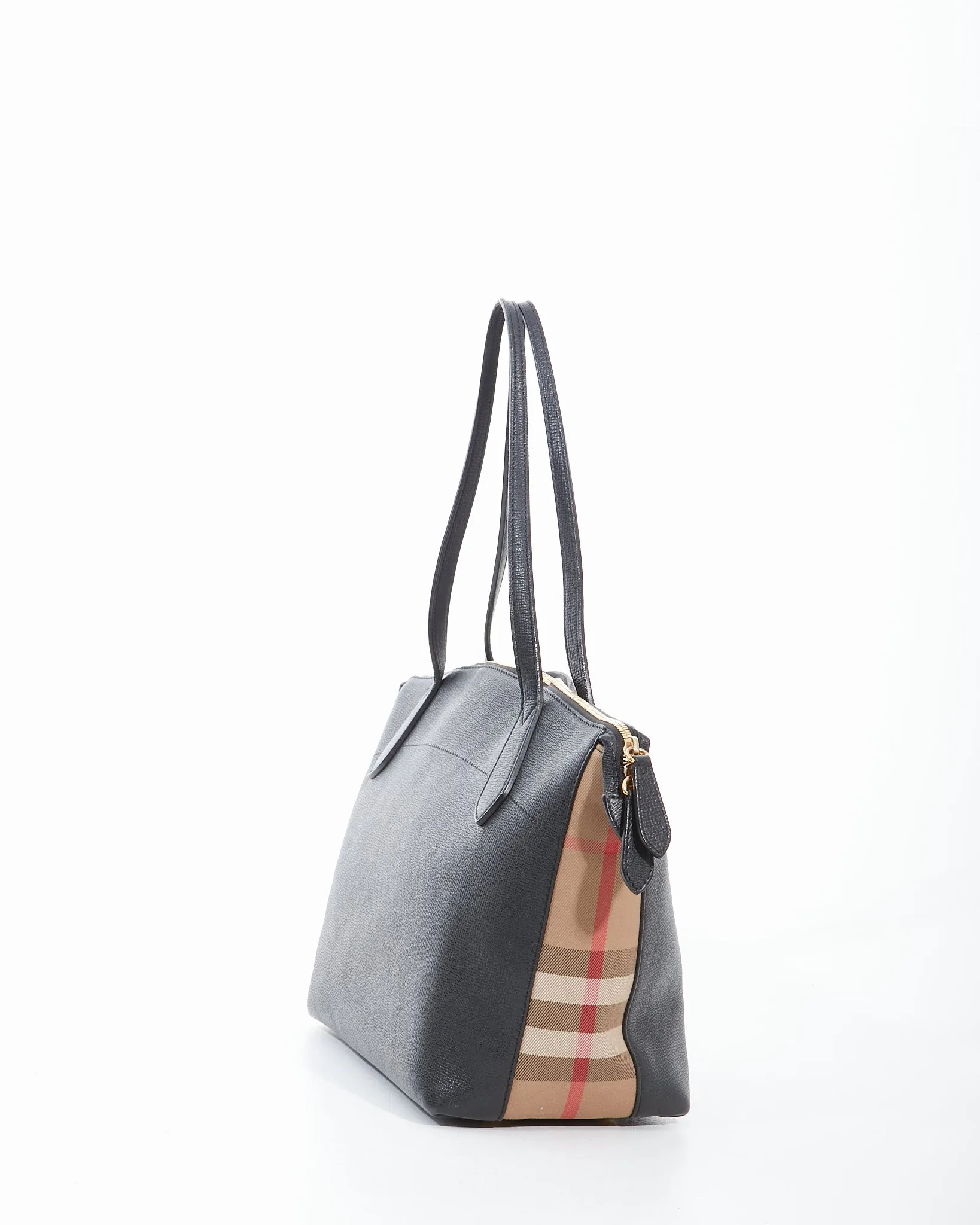 Burberry Black Leather & Canvas Tote Zipper Bag