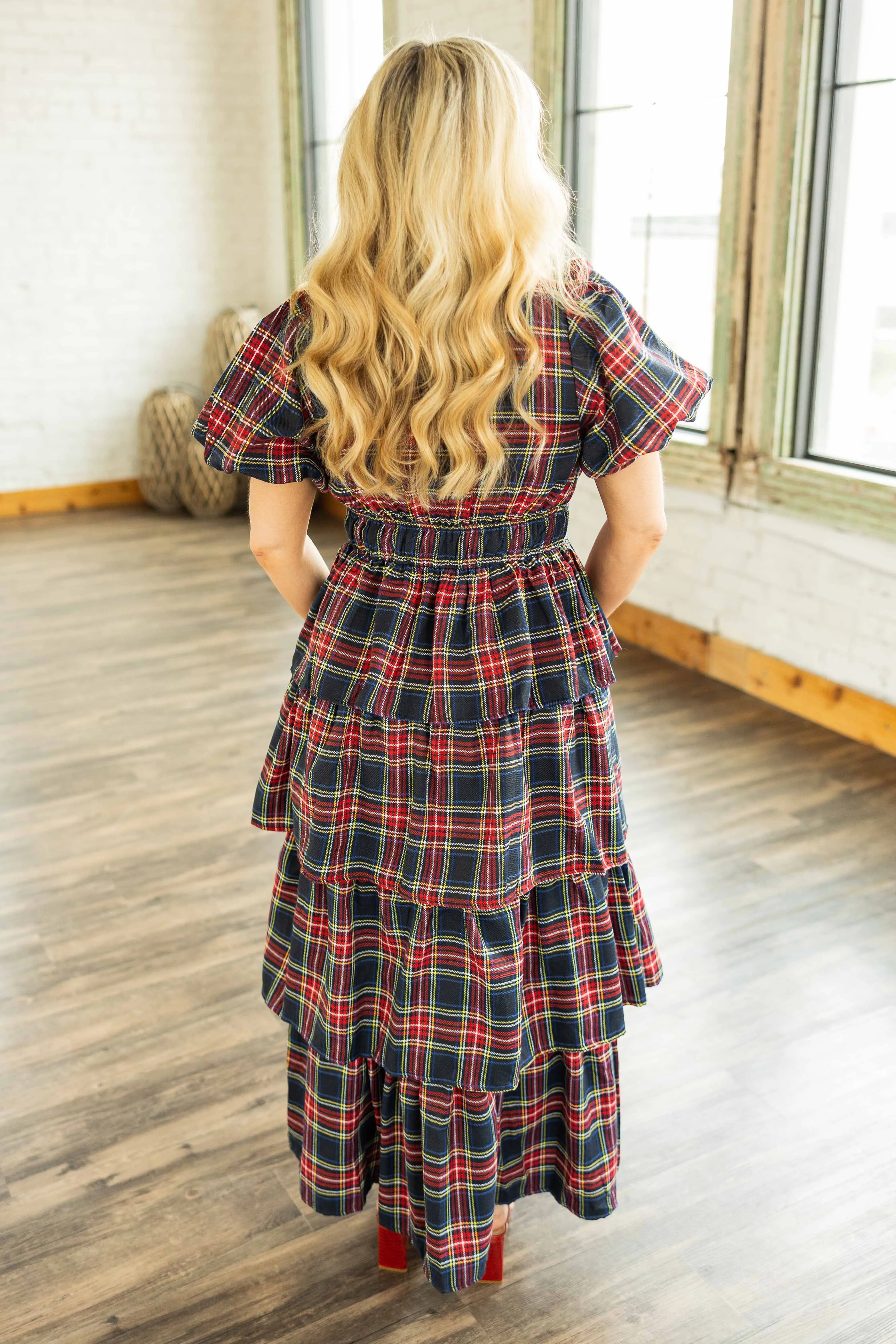 CADENCE PLAID TIERED MAXI DRESS