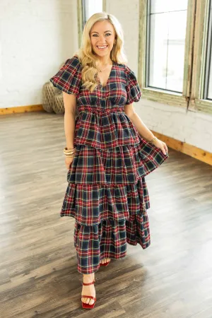 CADENCE PLAID TIERED MAXI DRESS