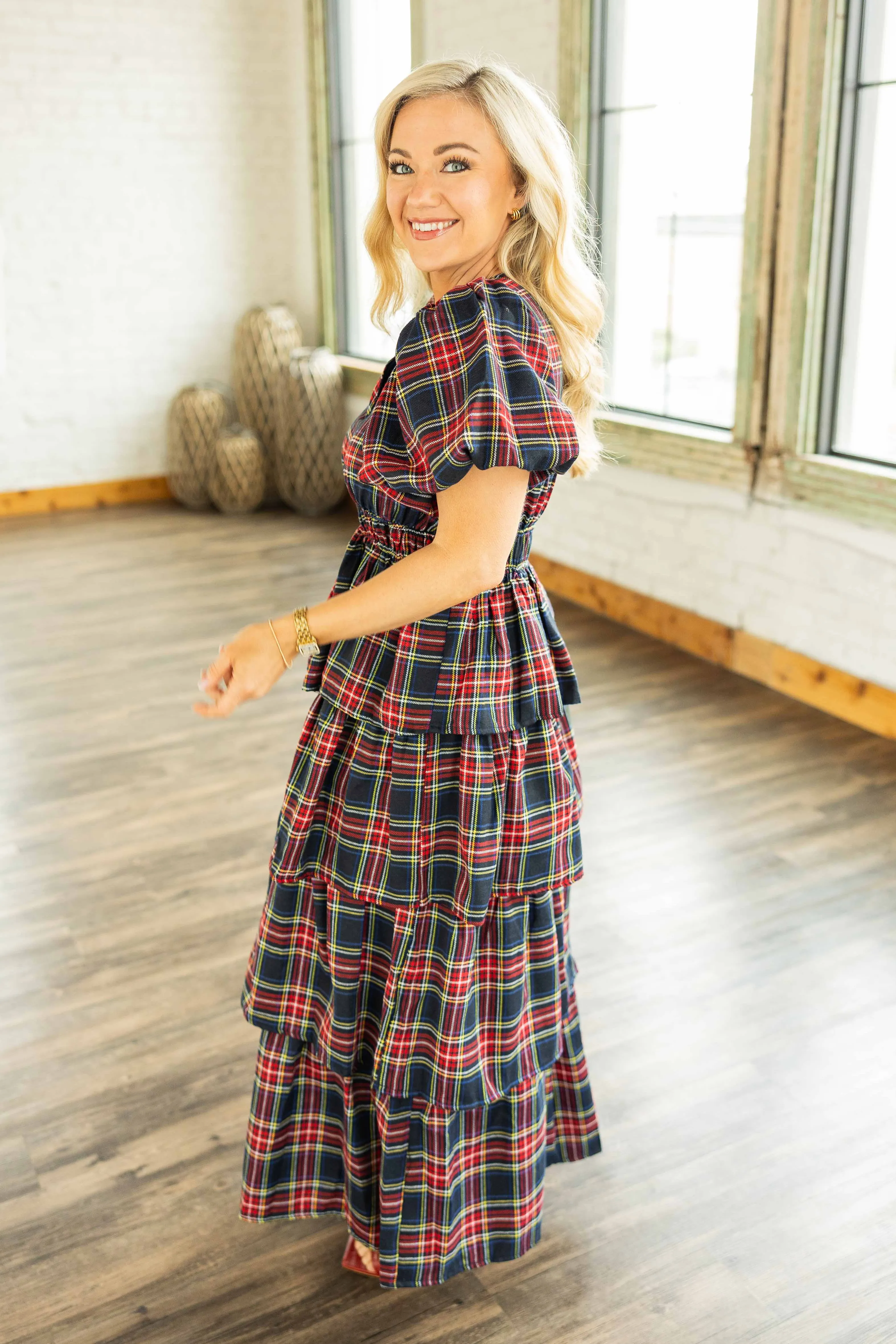 CADENCE PLAID TIERED MAXI DRESS