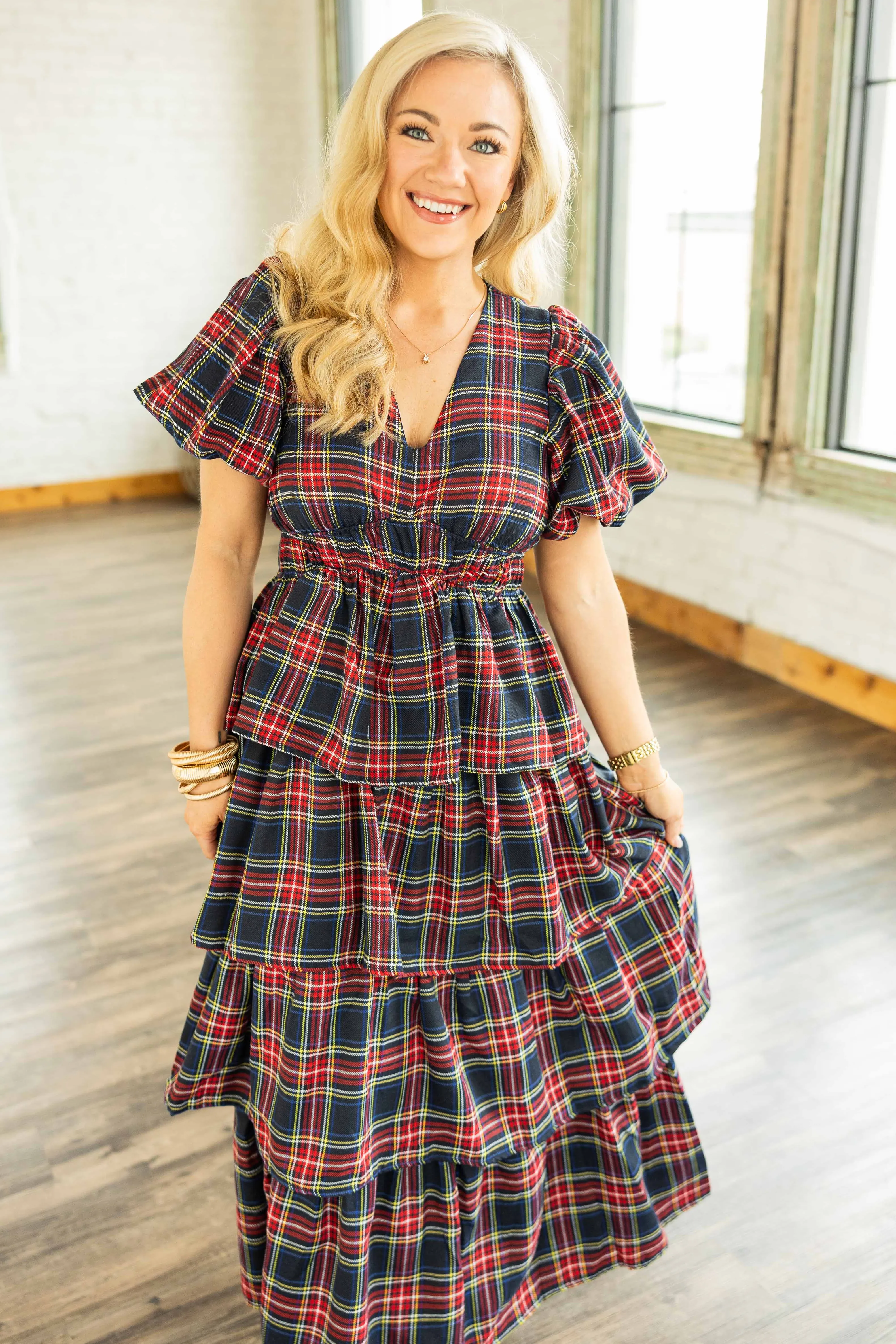 CADENCE PLAID TIERED MAXI DRESS