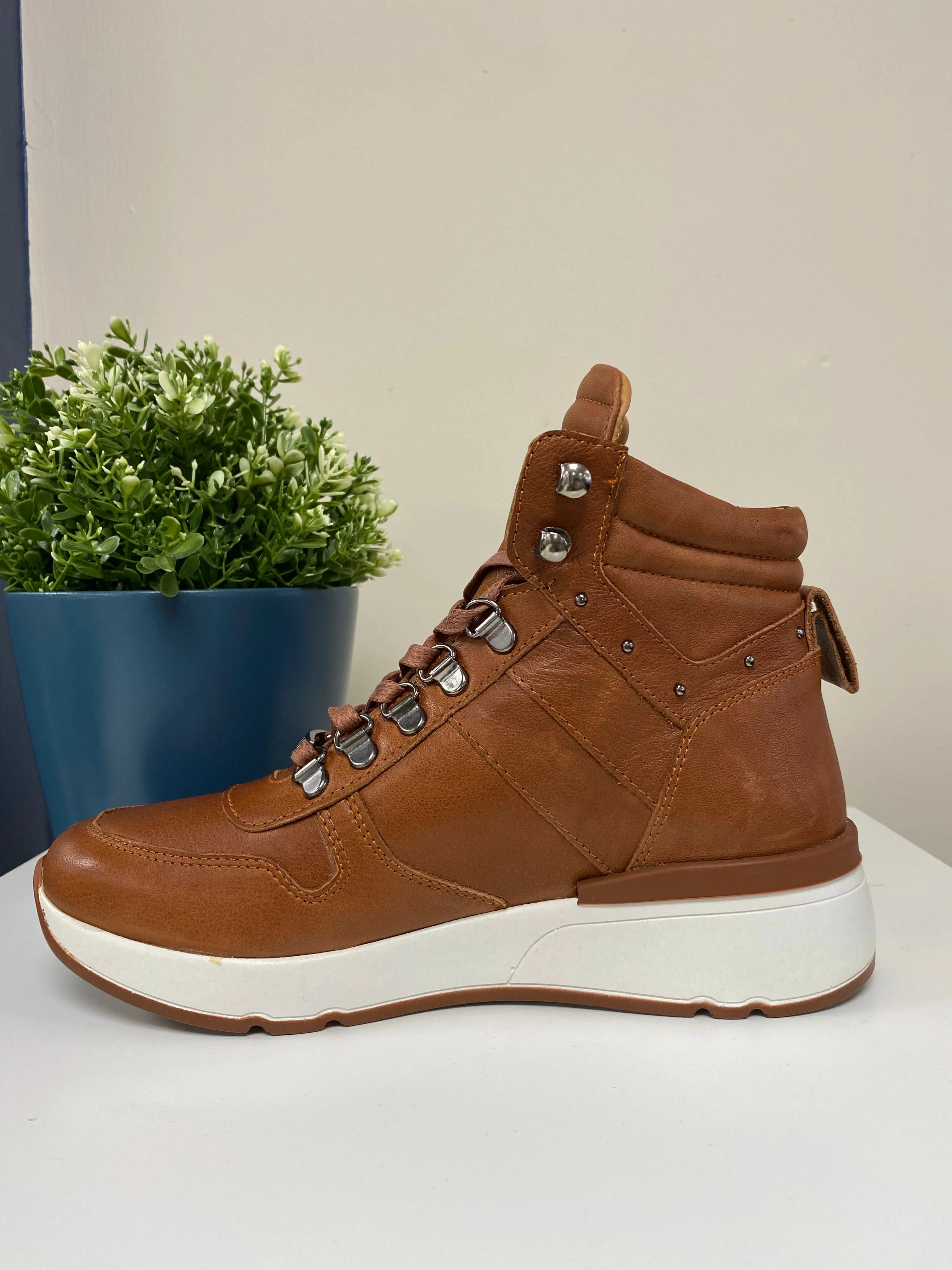 Camel Leather Laced Ankle Boots