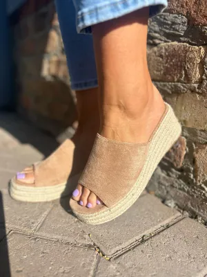 Camel Open Toe Platform Espadrille Wedge