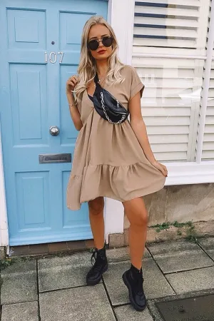 Camel Plunge Neckline Tiered Dress - Caralyn