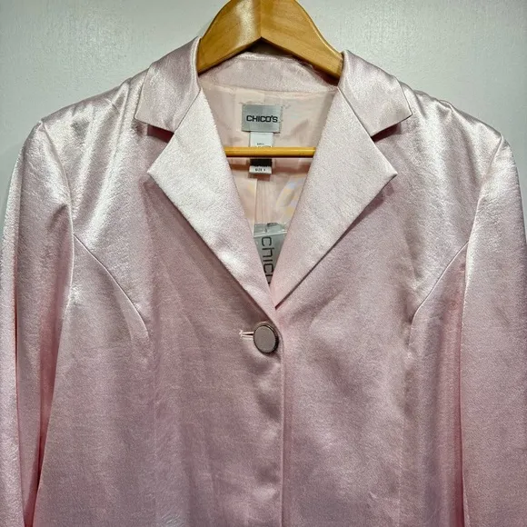 Chico’s Soirée Shine Laraina Jacket Shimmery Pale Pink Long Blazer Size 1/M