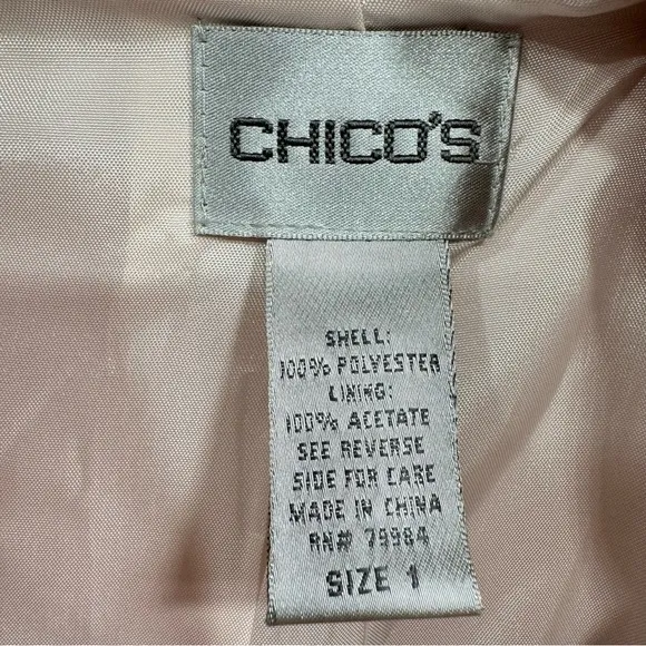 Chico’s Soirée Shine Laraina Jacket Shimmery Pale Pink Long Blazer Size 1/M