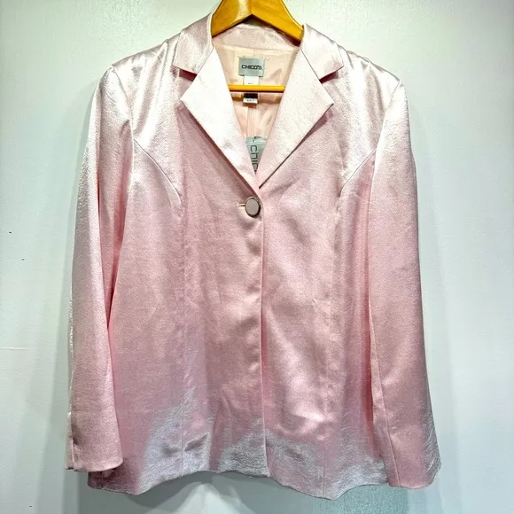 Chico’s Soirée Shine Laraina Jacket Shimmery Pale Pink Long Blazer Size 1/M