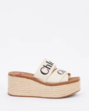 Chloé Beige Canvas Logo Woody Espadrille Wedges - 39