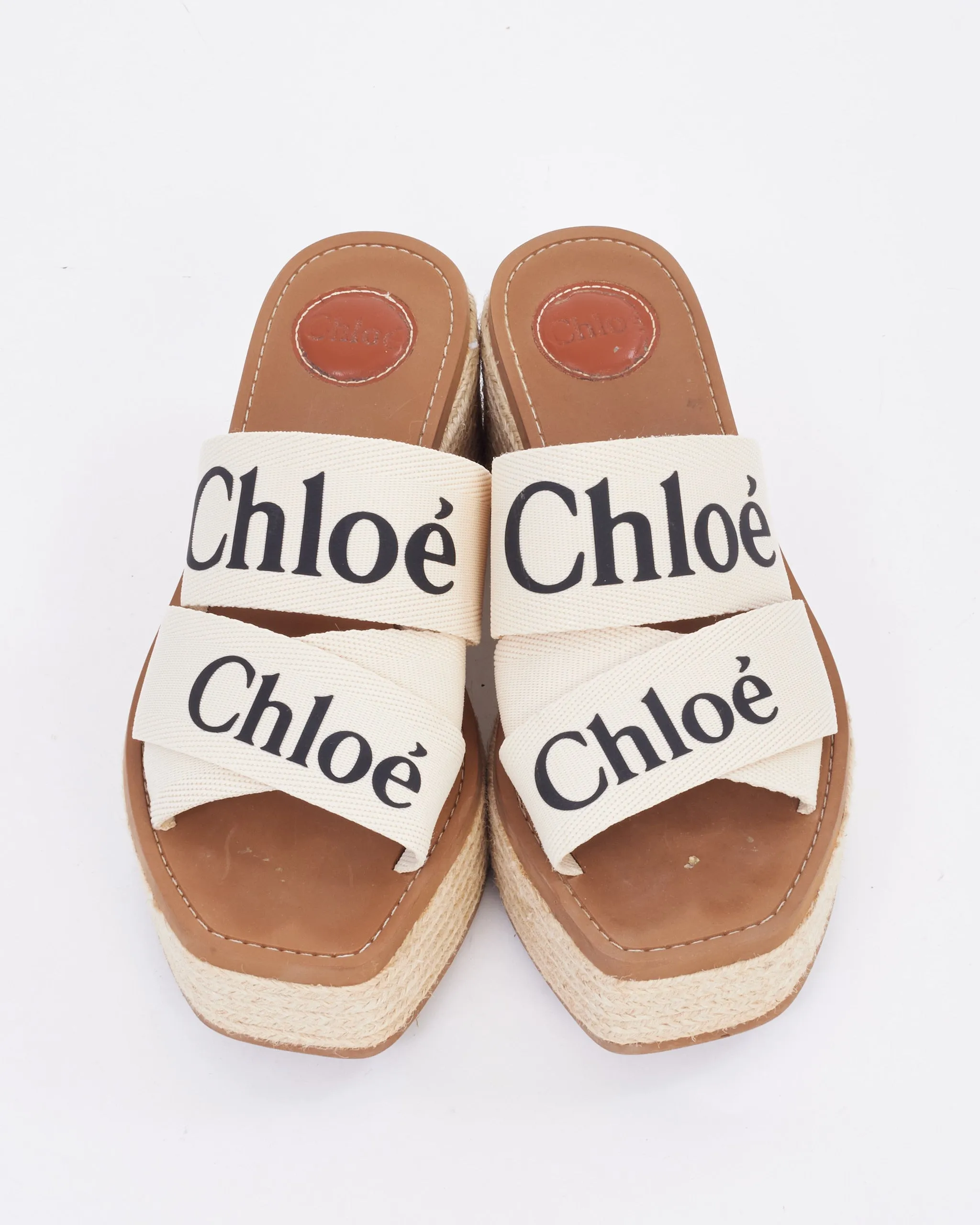 Chloé Beige Canvas Logo Woody Espadrille Wedges - 39