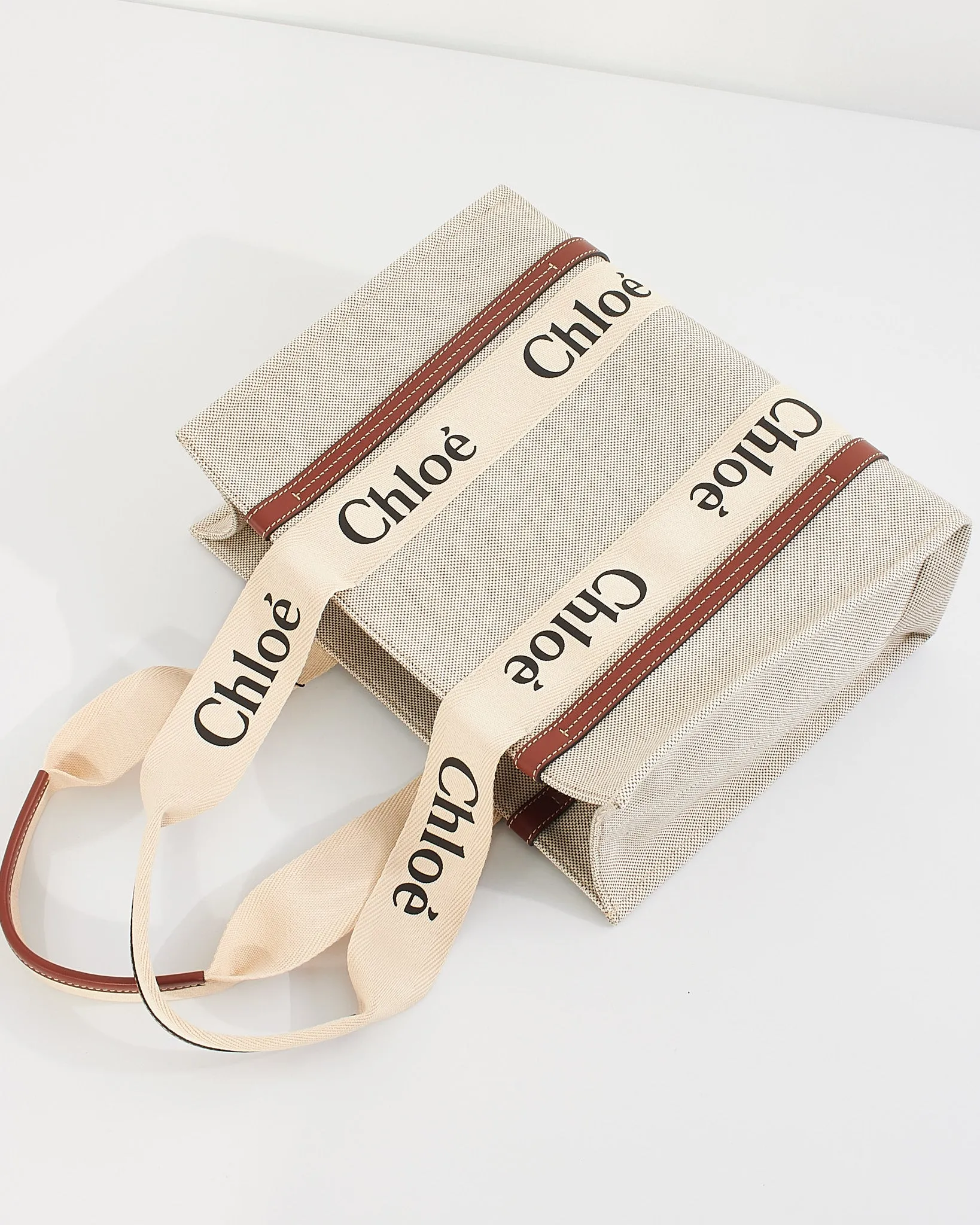 Chloé Beige Canvas Woody Medium Tote Bag