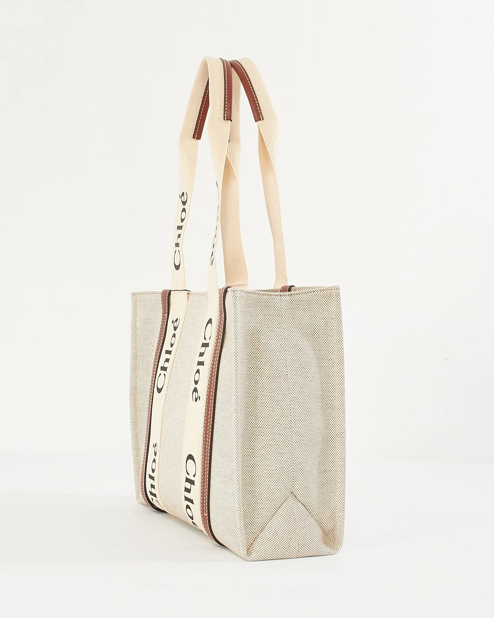 Chloé Beige Canvas Woody Medium Tote Bag