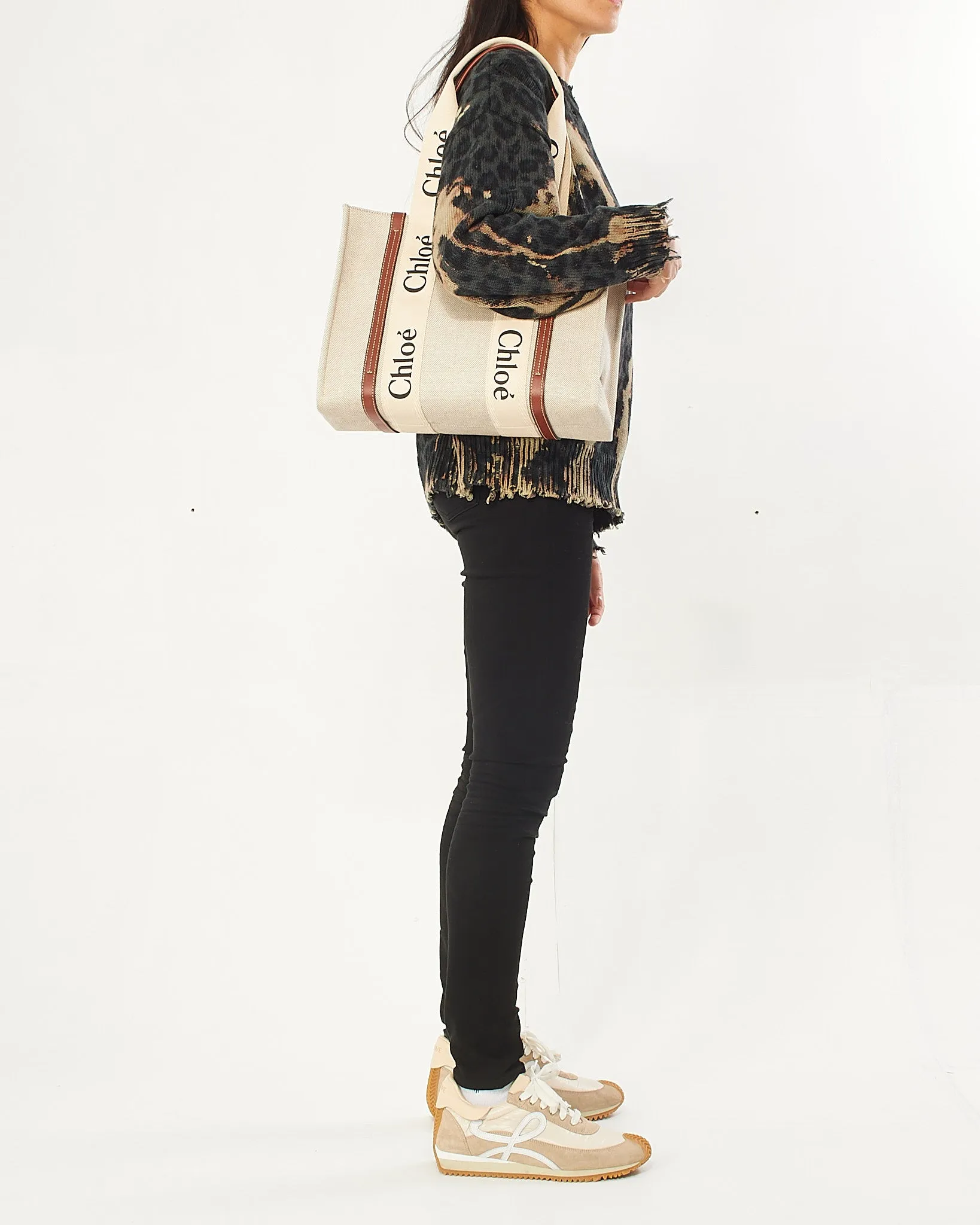 Chloé Beige Canvas Woody Medium Tote Bag
