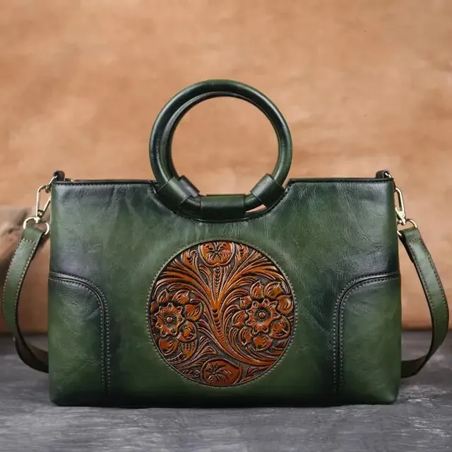 Christianartbag Handmade Leather Bag, New Retro Handmade Embossed Shoulder Bag for Women High Quality Leather Women Handbag Large Capacity Female Messenger Purse Bags, CABHMB07141023