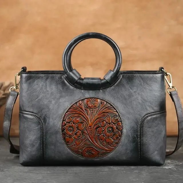 Christianartbag Handmade Leather Bag, New Retro Handmade Embossed Shoulder Bag for Women High Quality Leather Women Handbag Large Capacity Female Messenger Purse Bags, CABHMB07141023