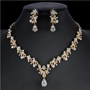 Classic Bridal Jewellery Sets for Women's Dresses Accessories Cubic Flower Necklace Earrings Set Gold Color