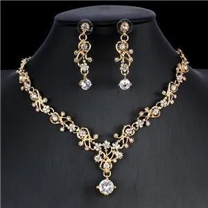 Classic Bridal Jewellery Sets for Women's Dresses Accessories Cubic Flower Necklace Earrings Set Gold Color